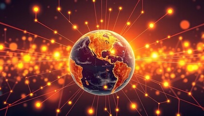 Fototapeta premium A glowing digital globe of planet Earth surrounded by a network of glowing lines and lights, representing global connectivity and technology