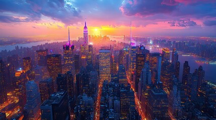 Fototapeta premium Vibrant Nighttime Cityscape, an aerial perspective showcasing illuminated skyscrapers, lively streets, and the dynamic energy of urban life after sunset