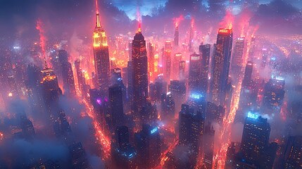 Obraz premium Vibrant Nighttime Cityscape, aerial perspective showcasing a lively metropolis illuminated by glowing skyscrapers against the dark sky, capturing urban energy and life.