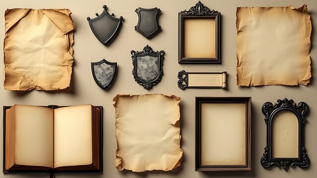 Vintage paper sheets, book, old photo frames and corners, antique