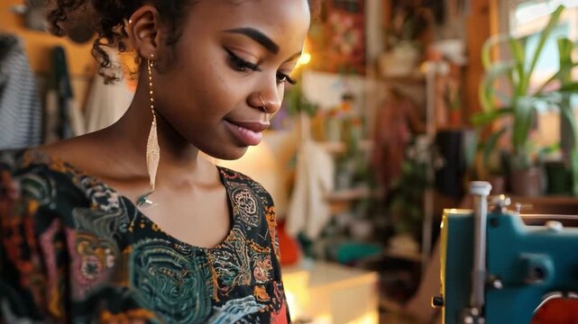 A woman sewing a dress in her craft room, showcasing creativity and skill.
