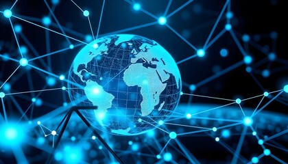 Obraz premium A glowing digital globe of planet Earth surrounded by a network of glowing lines and lights, representing global connectivity and technology