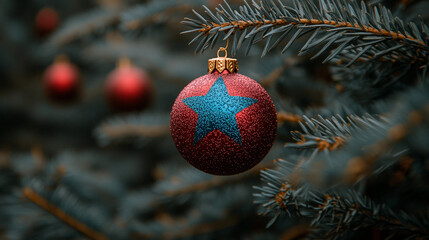 A vibrant ornament with a blue star design hangs from a green fir branch, surrounded by more decorations, evoking a warm holiday atmosphere
