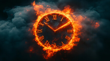 A clock engulfed in flames is depicted against a backdrop of ominous clouds, symbolizing urgency and the relentless passage of time