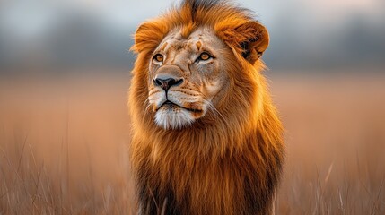 Obraz premium Majestic Lion in the Savannah, striking portrait showcasing a lion's fierce expression and flowing golden mane against a backdrop of the vast, sunlit savannah landscape
