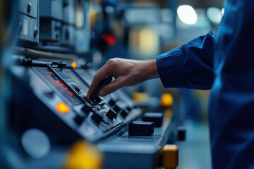 Professional technician operating advanced control panel in industrial environment.