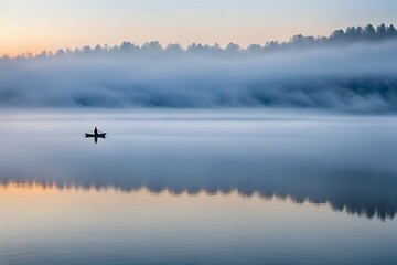 the serene morning surface of the lake and the boat on it