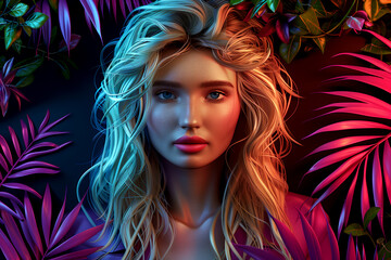 A woman with long blonde hair is standing in front of a green background with leaves. She is wearing a pink shirt and has a pink lipstick on. The image has a vibrant and lively mood