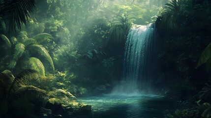 Fototapeta premium Lush green tropical jungle with a waterfall cascading into a pool of water. A Jurassic Park-Inspired.