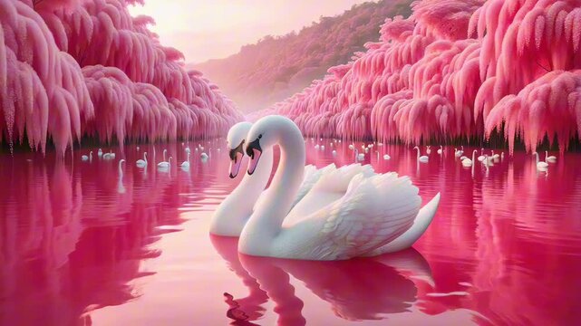Romantic swans  Swan couple for Valentine's Day Swimming on Pink Lake on pink background  