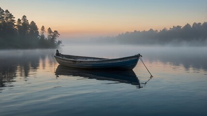 Fototapeta premium sunrise, a boat on the lake