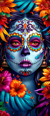 Naklejka premium A woman with a face painted like a skeleton and flowers around her. The flowers are in various colors and the woman's face is painted with a lot of detail. Scene is colorful and festive