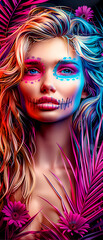Fototapeta premium A woman with a skull painted on her face and colorful hair