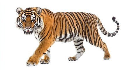 Fototapeta premium A tiger walks with its tail curled over its back, on a white background.