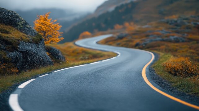 Winding mountain road with obstacles, representing life's journey.