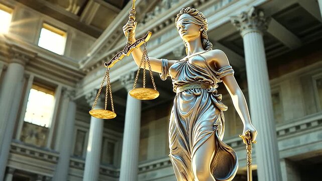 Elegant statue of Lady Justice in a majestic hall, holding scales and a sword. The image highlights her blindfold, representing the principles of fairness and the rule of law