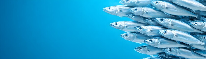 Fototapeta premium Dynamic scene of a dense mackerel school, their scales glinting like stars in the clear ocean, illustrating the unity and beauty of marine life