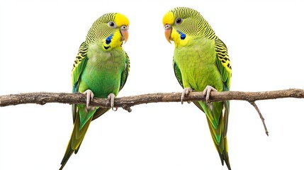 Fototapeta premium Two green parakeets on a branch isolated on white background