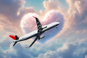 A stunningly beautiful airplane flies gracefully through a heartshaped cloud, representing the joy of travel. The concept of love for traveling.