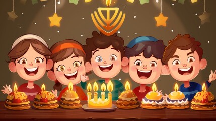 Fototapeta premium Happy children enjoying Hanukkah treats like latkes and sufganiyot with a menorah in the background cartoon Vector Illustration