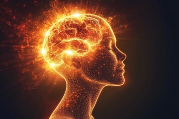 Obraz premium Silhouette of a woman with a fiery digital brain representing the powerful synergy between human intellect and advanced AI technology in the modern era
