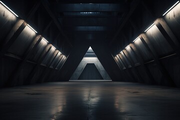 Dark, futuristic corridor with a triangular shape and glowing lights.