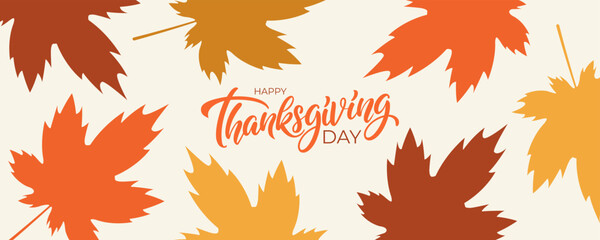 Happy Thanksgiving festive banner. Hand lettering and autumn maple leaves. Vector illustration.