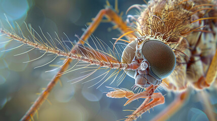 Detailed view of a mosquito's proboscis, highlighting the tiny hairs and the complex structure of its mouthparts