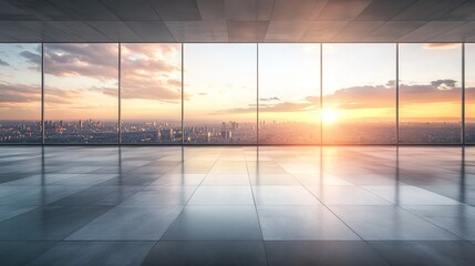 Fototapeta premium Empty room with large windows overlooking a city skyline with a sunset sky and sun shining through.