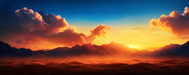 Fototapeta premium Breathtaking desert sunset with vibrant colors and majestic mountain silhouettes, creating a serene and awe-inspiring natural landscape.
