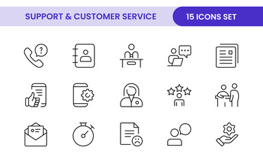 Support and customer service outline style modern icons set. Customer Feedback, Response, experience, helpline and technical support icon illustration