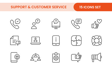 Support and customer service outline style modern icons set. Customer Feedback, Response, experience, helpline and technical support icon illustration