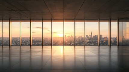 Empty room with floor to ceiling windows overlooking cityscape at sunset.