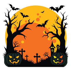 Halloween Graveyard Silhouette with Bats and Jack-o'-Lantern at Sunset