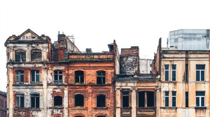 Fototapeta premium Facade of an abandoned building with broken windows and cracked walls.