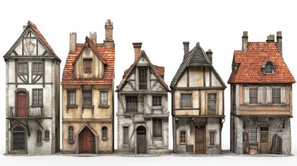 Fototapeta premium Five old, medieval style houses with red tile roofs and aged plaster walls. The houses are weathered and have wooden beams and windows. They are set against a white background.
