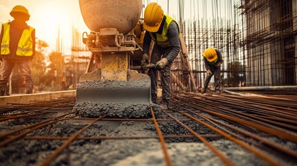 Workers in safety gear operating a concrete mixer at a construction site with rebar and formwork visible