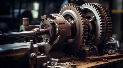 Fototapeta premium A machine with a silver gear and a silver cylinder. Neural network ai generated art