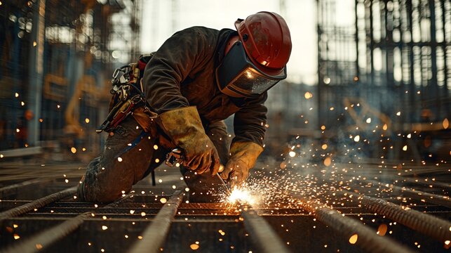 A welder working on steel framework at a construction site with sparks flying and safety gear in place