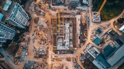 An aerial view of a construction site showing the grid layout of buildings and infrastructure being developed