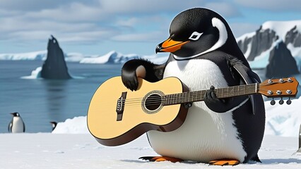 Obraz premium a penguin playing guitar with a guitar in the snow.
