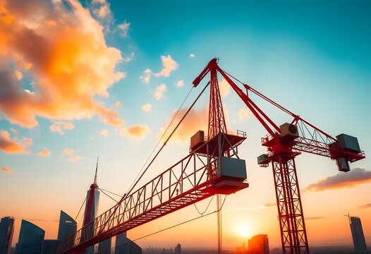 A construction crane silhouetted against a vibrant orange and pink sunset sky, with the skyline of a large city visible in the background