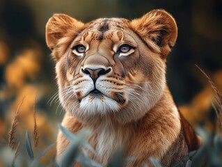 Naklejka premium Lion, Panthera leo, in the African savannah with a sunset backdrop