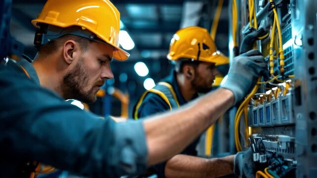 Construction crew installing electrical systems in a new building, highlighting the role of electricians