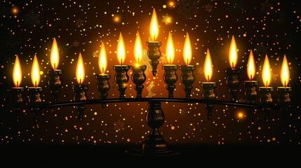 A detailed illustration of a Hanukkah menorah with candles lit, symbolizing the miracle of the oil cartoon Vector Illustration