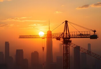 Fototapeta premium A construction crane silhouetted against a vibrant orange and pink sunset sky, with the skyline of a large city visible in the background