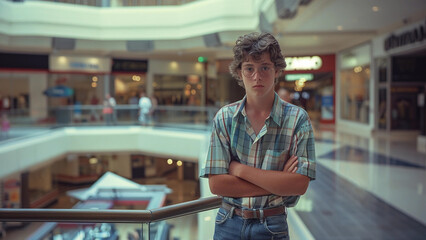 An 80s Style Smart Teenage Boy Wearing Glasses Standing in a Mall