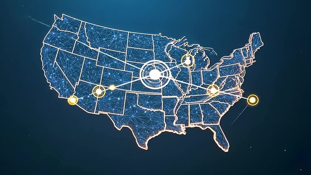 A vibrant neon outline of the United States map glowing against a dark background, symbolizing energy and nationwide connectivity
