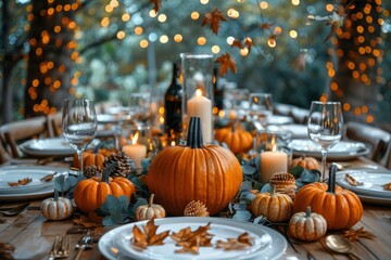 beautifully set outdoor table with plates, pumpkins and glasses in front of country house, fall themed party concert.