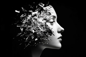 Glass shards scatter outwards dramatically on a dark background, symbolizing fragmentation or destruction in an artistic and conceptual manner.